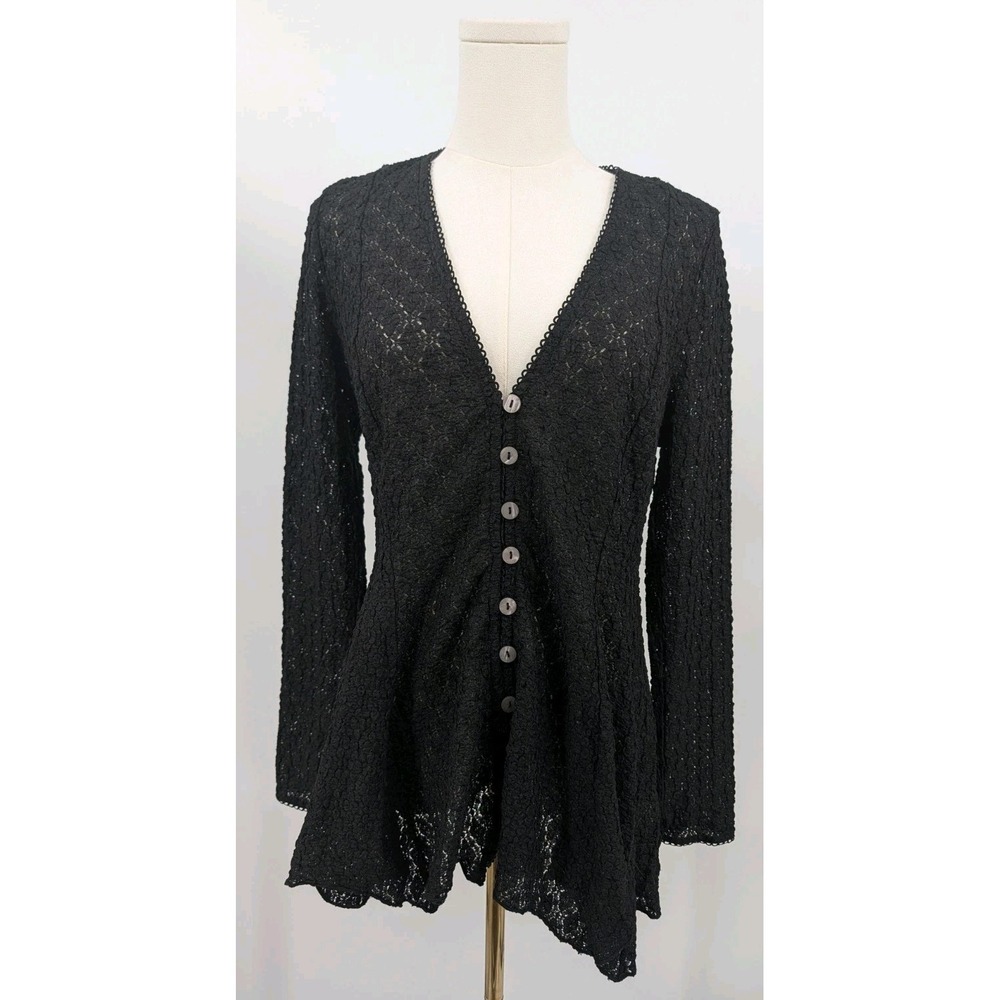Free People Black Janey Lace Sheer Top Size L Whimsigoth Dark Boho Fairy